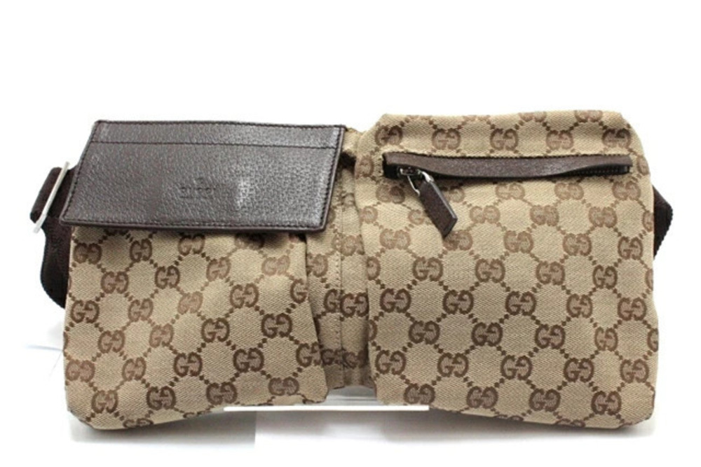 Gucci Waist Belt Crossbody Bag GG Canvas Leather Beige Cream Dark Brown